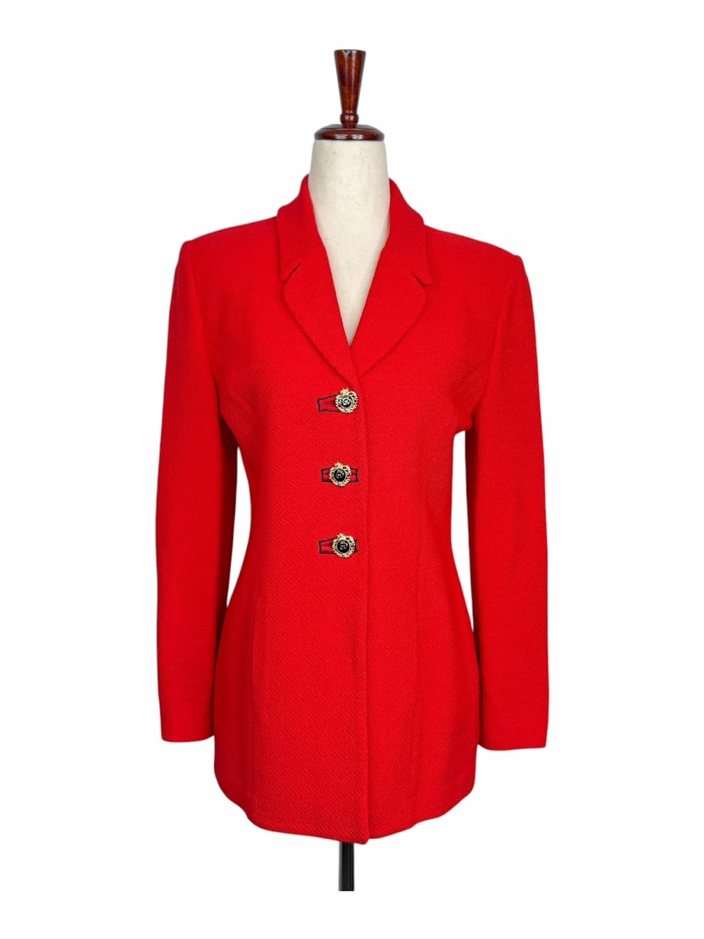St. John Collection VTG Red Santana Knit Blazer Marie Gray Gold Buttons Jacket 2